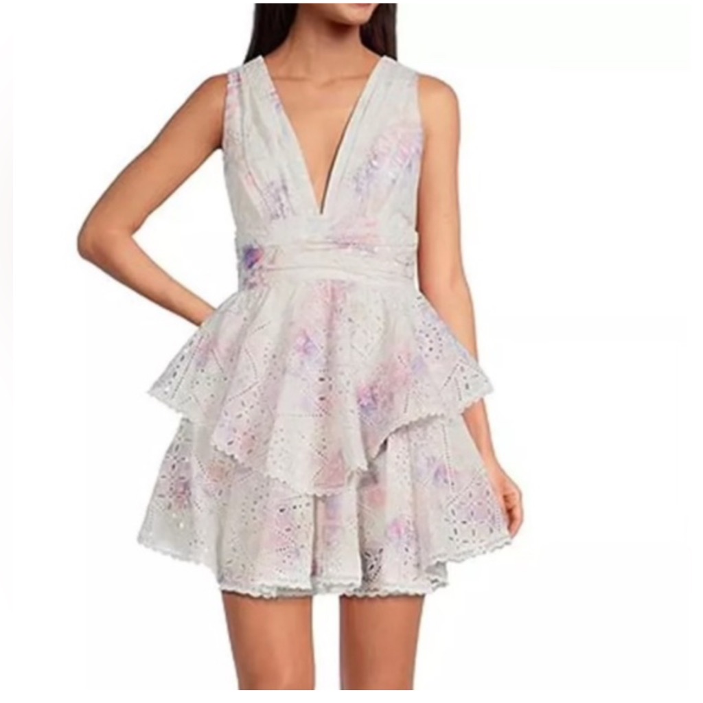 Gianni Bini White Eyelet Tiered Dress With Pastel Floral Accents